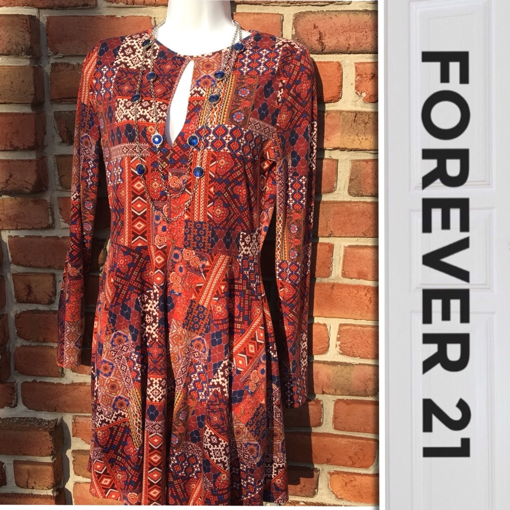 Forever 21 Long Sleeve Patchwork Pattern Dress L - image 2